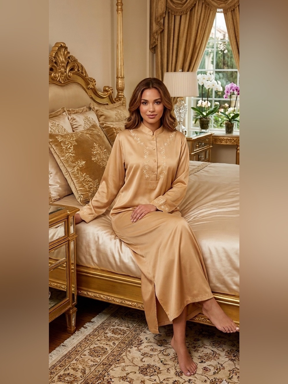 Claire’s Rose Gold Satin Long Sleep Gown – Embroidered Loungewear Nightgown